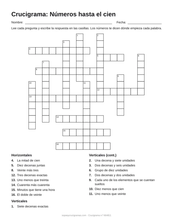 Hoja para imprimir del crucigrama de números hasta el cien: cuadrícula numerada de 17 × 17 con 8 palabras horizontales y 8 verticales, y la lista de pistas.