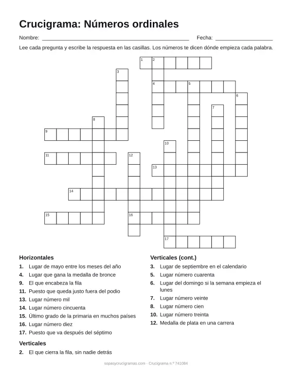 Hoja para imprimir del crucigrama de números ordinales: cuadrícula numerada de 16 × 17 con 9 palabras horizontales y 8 verticales, y la lista de pistas.
