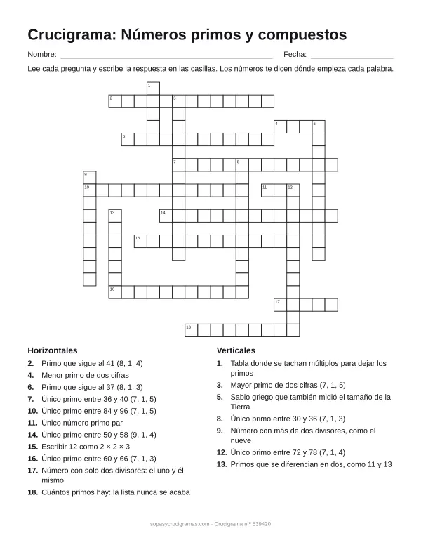 Hoja para imprimir del crucigrama de números primos: cuadrícula numerada de 20 × 20 con 11 palabras horizontales y 7 verticales, y la lista de pistas.