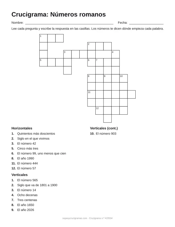 Hoja para imprimir del crucigrama de números romanos: cuadrícula numerada de 11 × 12 con 8 palabras horizontales y 8 verticales, y la lista de pistas.