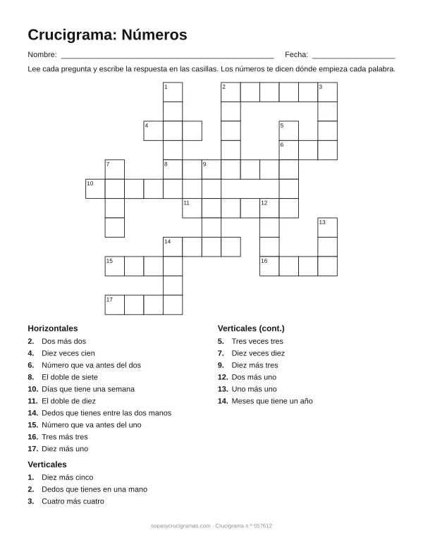 Hoja para imprimir del crucigrama de números: cuadrícula numerada de 12 × 13 con 10 palabras horizontales y 9 verticales, y la lista de pistas.