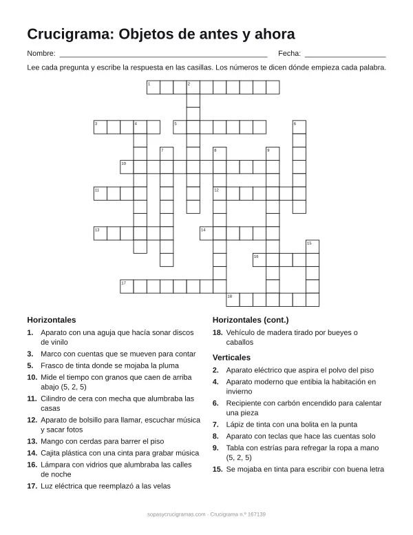 Hoja para imprimir del crucigrama de objetos de antes y ahora: cuadrícula numerada de 17 × 17 con 11 palabras horizontales y 7 verticales, y la lista de pistas.