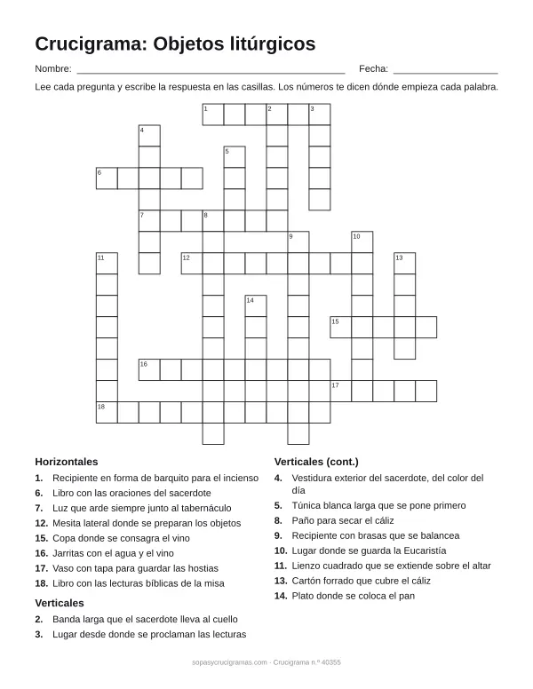 Hoja para imprimir del crucigrama de los objetos litúrgicos: cuadrícula numerada de 16 × 16 con 8 palabras horizontales y 10 verticales, y la lista de pistas.