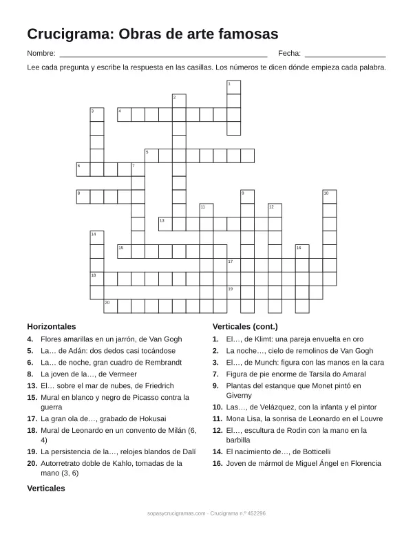 Hoja para imprimir del crucigrama de obras de arte famosas: cuadrícula numerada de 17 × 19 con 10 palabras horizontales y 10 verticales, y la lista de pistas.