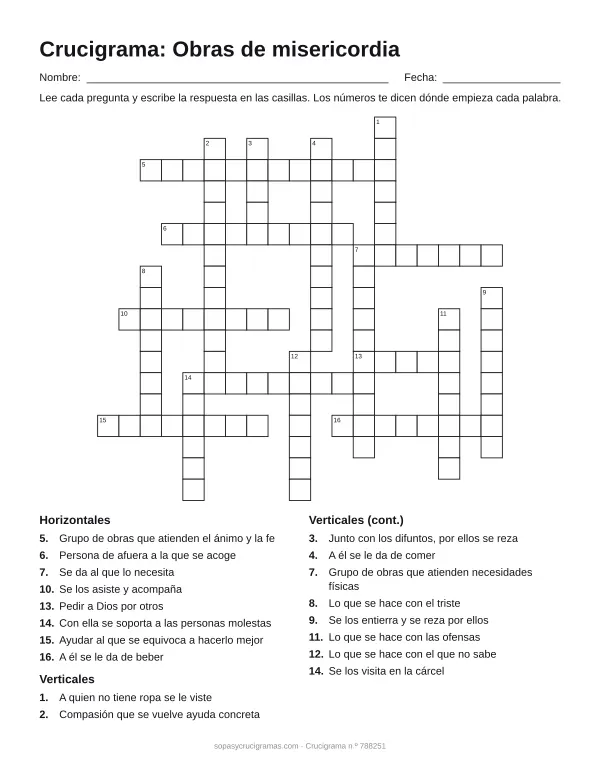 Hoja para imprimir del crucigrama de las obras de misericordia: cuadrícula numerada de 18 × 19 con 8 palabras horizontales y 10 verticales, y la lista de pistas.