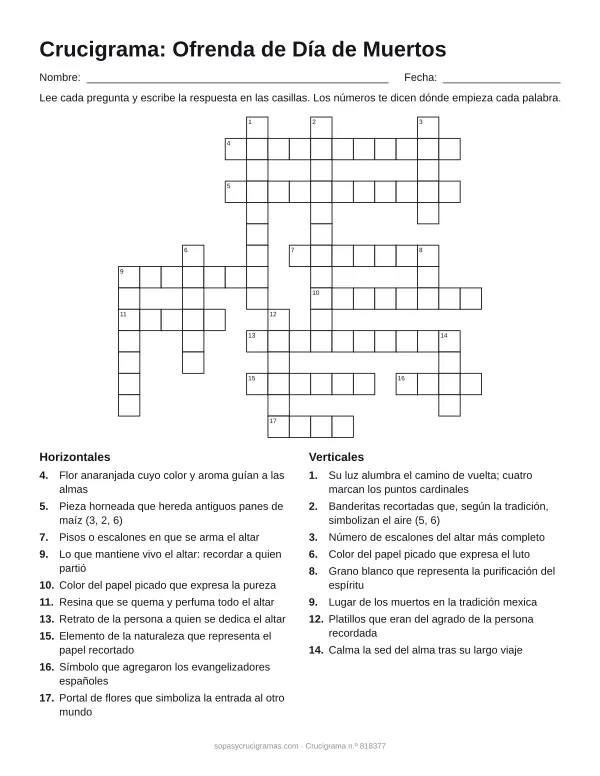 Hoja para imprimir del crucigrama de la ofrenda de Día de Muertos: cuadrícula numerada de 15 × 17 con 10 palabras horizontales y 8 verticales, y la lista de pistas.