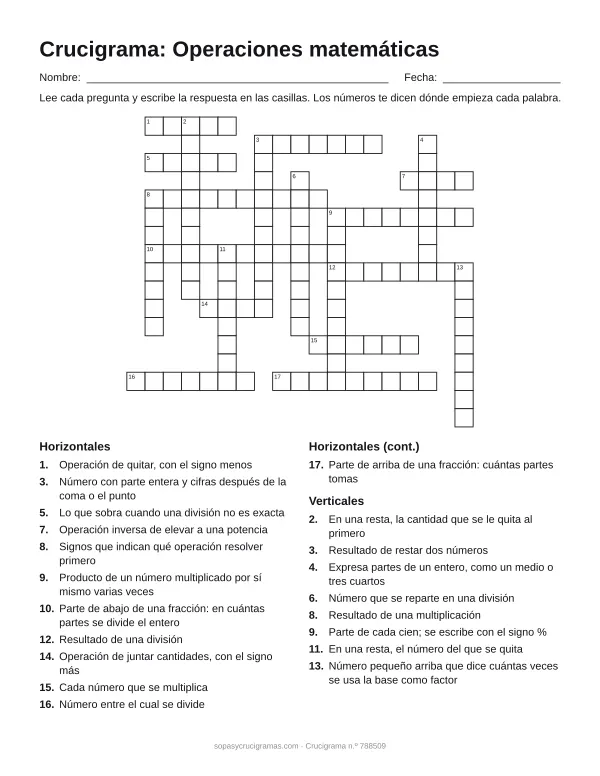 Hoja para imprimir del crucigrama de operaciones matemáticas: cuadrícula numerada de 17 × 19 con 12 palabras horizontales y 8 verticales, y la lista de pistas.