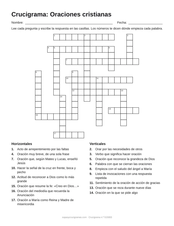 Hoja para imprimir del crucigrama de oraciones cristianas: cuadrícula numerada de 17 × 17 con 8 palabras horizontales y 9 verticales, y la lista de pistas.