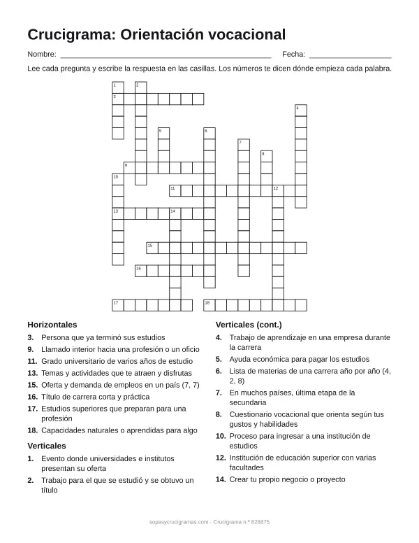 Hoja para imprimir del crucigrama de orientación vocacional: cuadrícula numerada de 20 × 17 con 8 palabras horizontales y 10 verticales, y la lista de pistas.