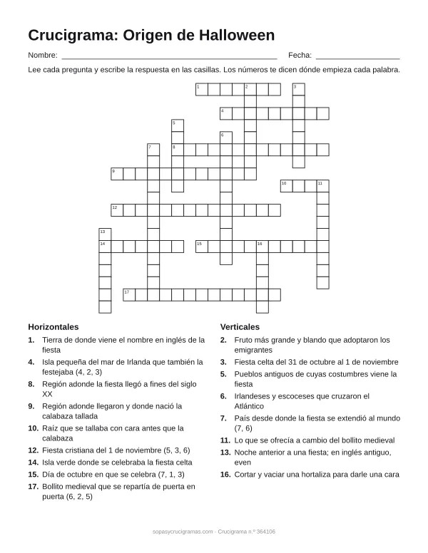 Hoja para imprimir del crucigrama del origen de Halloween: cuadrícula numerada de 19 × 19 con 9 palabras horizontales y 8 verticales, y la lista de pistas.
