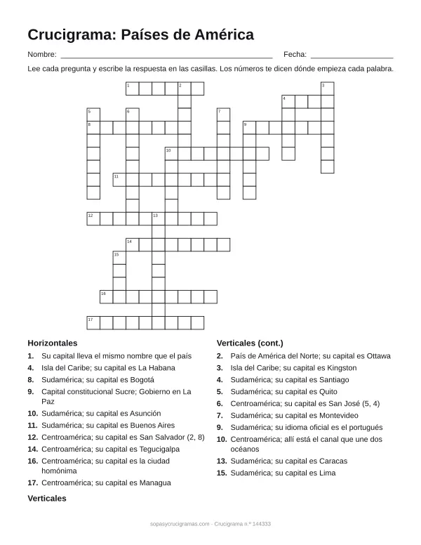 Hoja para imprimir del crucigrama de países de América: cuadrícula numerada de 19 × 19 con 10 palabras horizontales y 10 verticales, y la lista de pistas.