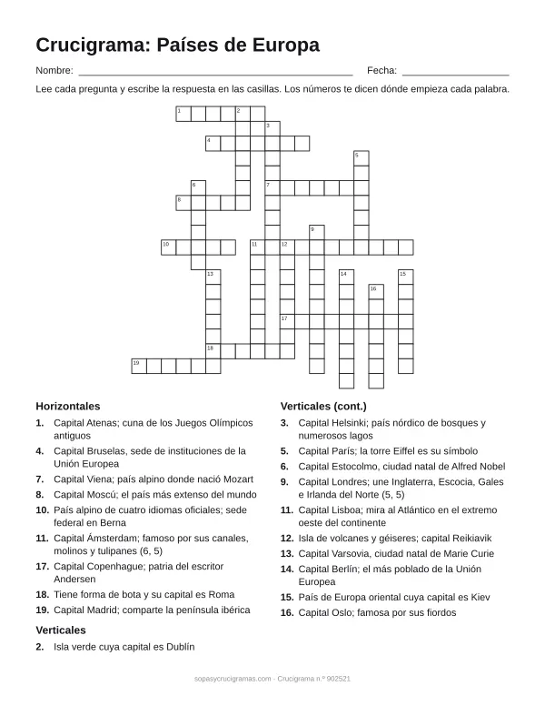 Hoja para imprimir del crucigrama de países de Europa: cuadrícula numerada de 19 × 19 con 9 palabras horizontales y 11 verticales, y la lista de pistas.