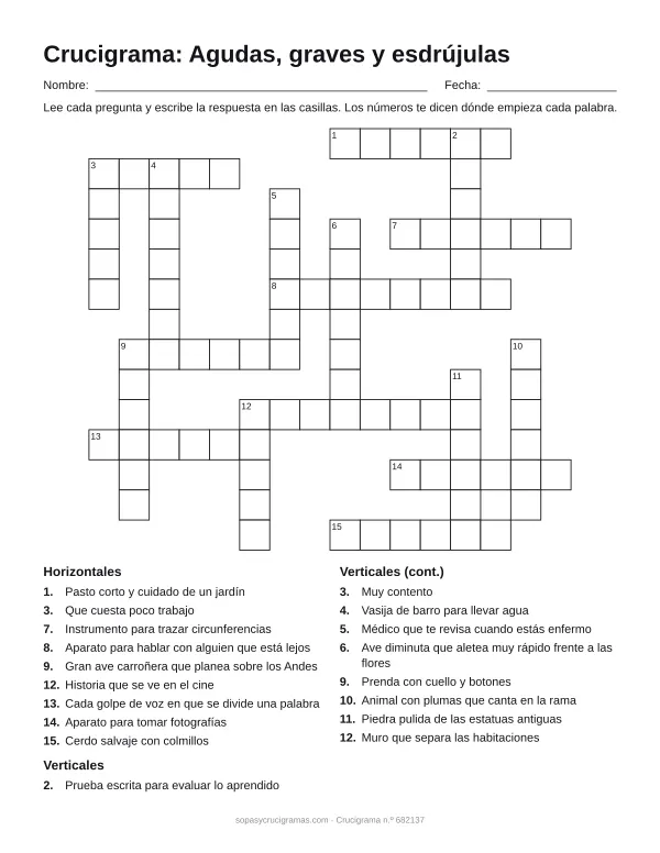 Hoja para imprimir del crucigrama de agudas, graves y esdrújulas: cuadrícula numerada de 14 × 16 con 9 palabras horizontales y 9 verticales, y la lista de pistas.
