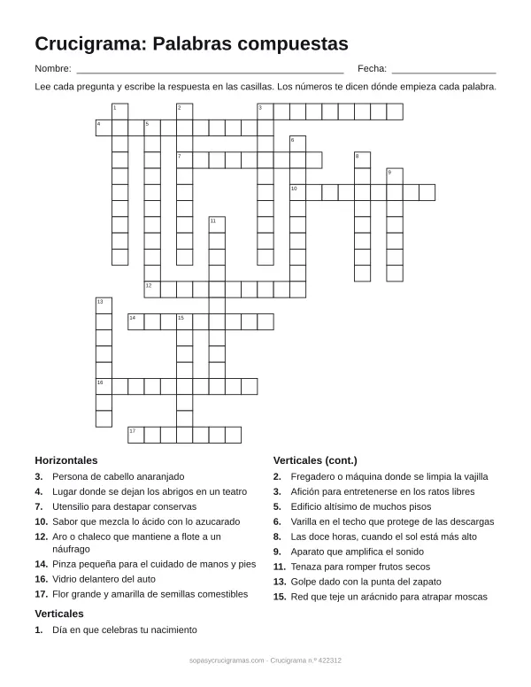 Hoja para imprimir del crucigrama de palabras compuestas: cuadrícula numerada de 21 × 21 con 8 palabras horizontales y 10 verticales, y la lista de pistas.