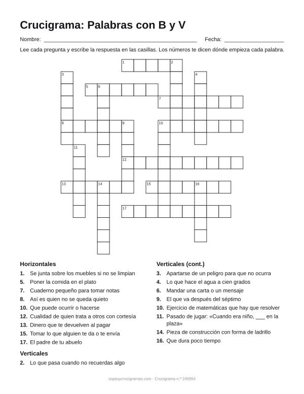 Hoja para imprimir del crucigrama de palabras con B y V: cuadrícula numerada de 16 × 15 con 9 palabras horizontales y 9 verticales, y la lista de pistas.