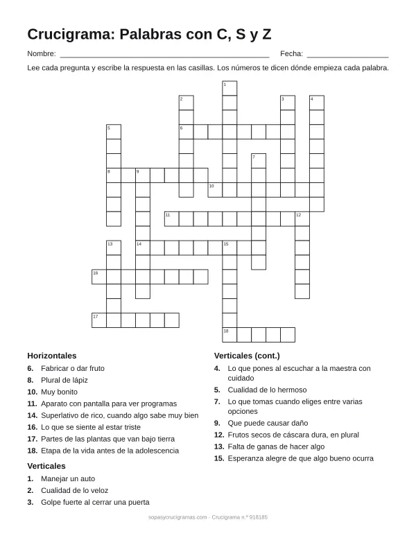 Hoja para imprimir del crucigrama de palabras con C, S y Z: cuadrícula numerada de 18 × 16 con 8 palabras horizontales y 10 verticales, y la lista de pistas.