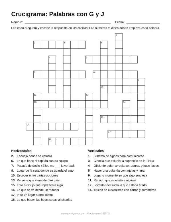 Hoja para imprimir del crucigrama de palabras con G y J: cuadrícula numerada de 15 × 16 con 10 palabras horizontales y 8 verticales, y la lista de pistas.