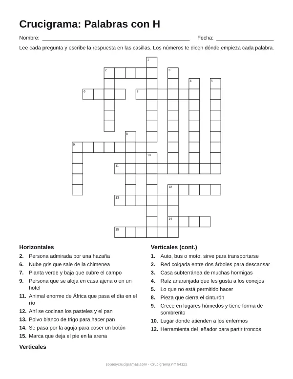 Hoja para imprimir del crucigrama de palabras con H: cuadrícula numerada de 17 × 14 con 9 palabras horizontales y 9 verticales, y la lista de pistas.