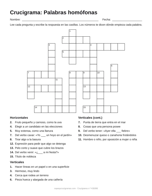 Hoja para imprimir del crucigrama de palabras homófonas: cuadrícula numerada de 12 × 14 con 9 palabras horizontales y 9 verticales, y la lista de pistas.