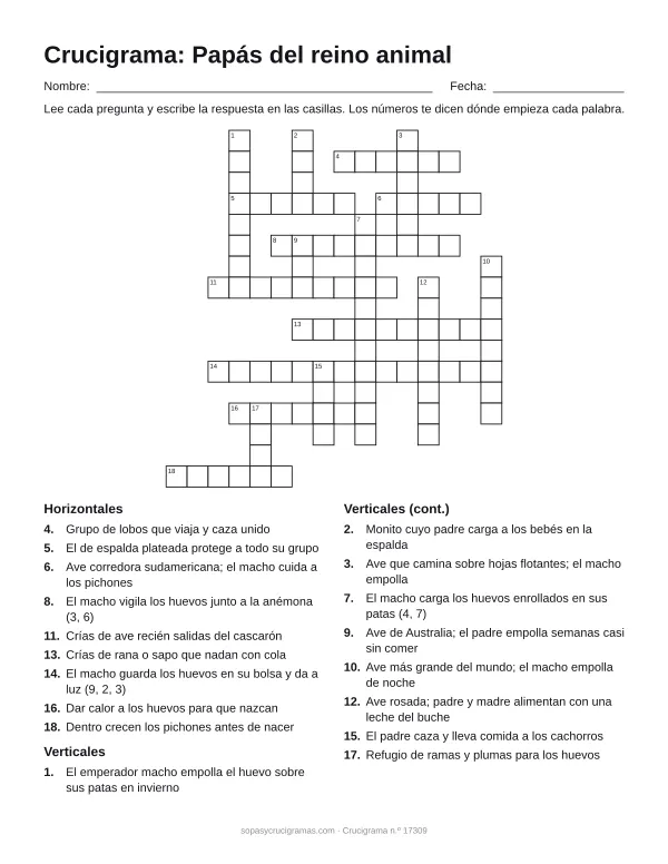 Hoja para imprimir del crucigrama de papás del reino animal: cuadrícula numerada de 17 × 16 con 9 palabras horizontales y 9 verticales, y la lista de pistas.