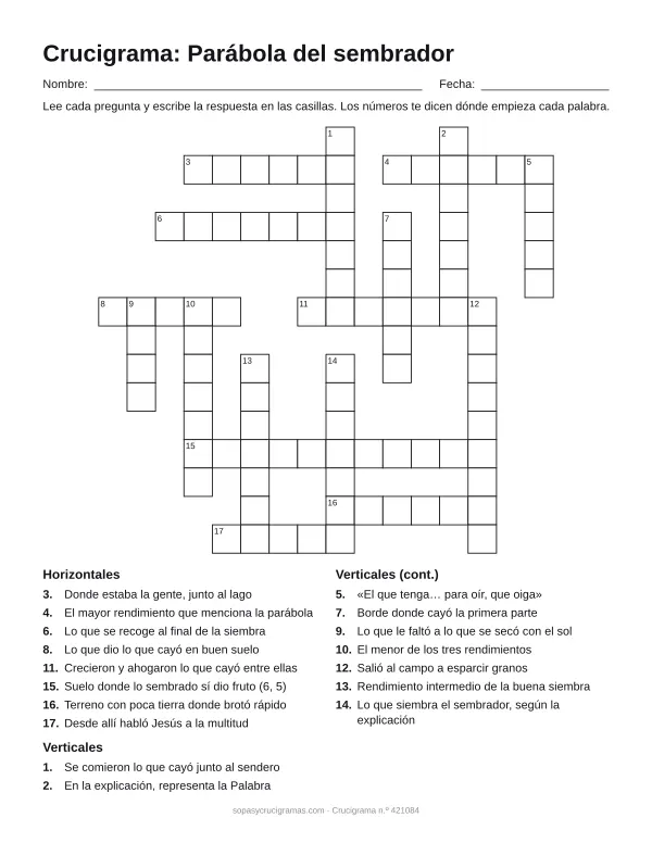 Hoja para imprimir del crucigrama de la parábola del sembrador: cuadrícula numerada de 15 × 16 con 8 palabras horizontales y 9 verticales, y la lista de pistas.
