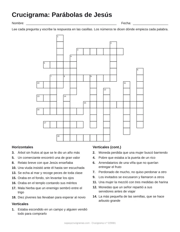 Hoja para imprimir del crucigrama de las parábolas de Jesús: cuadrícula numerada de 16 × 16 con 9 palabras horizontales y 9 verticales, y la lista de pistas.
