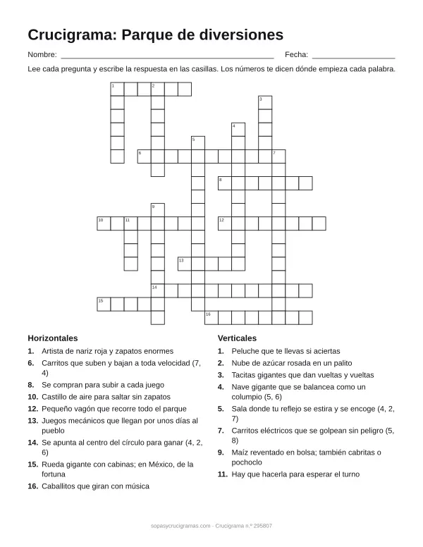 Hoja para imprimir del crucigrama del parque de diversiones: cuadrícula numerada de 18 × 17 con 9 palabras horizontales y 8 verticales, y la lista de pistas.
