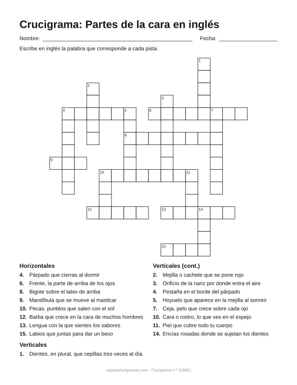 Hoja para imprimir del crucigrama de la cara en inglés: cuadrícula numerada de 16 × 16 con 8 palabras horizontales y 9 verticales, y la lista de pistas.