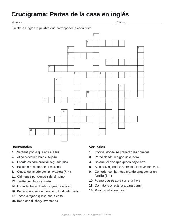 Hoja para imprimir del crucigrama de la casa en inglés: cuadrícula numerada de 17 × 18 con 11 palabras horizontales y 8 verticales, y la lista de pistas.