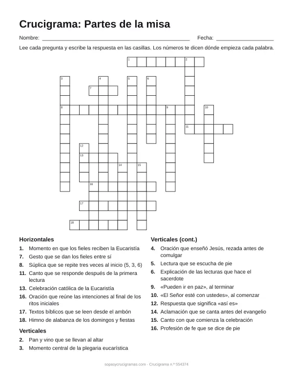 Hoja para imprimir del crucigrama de las partes de la misa: cuadrícula numerada de 18 × 18 con 8 palabras horizontales y 11 verticales, y la lista de pistas.