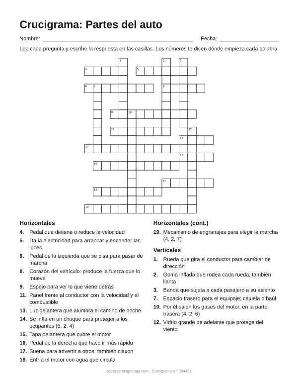 Hoja para imprimir del crucigrama de las partes del auto: cuadrícula numerada de 18 × 15 con 13 palabras horizontales y 6 verticales, y la lista de pistas.