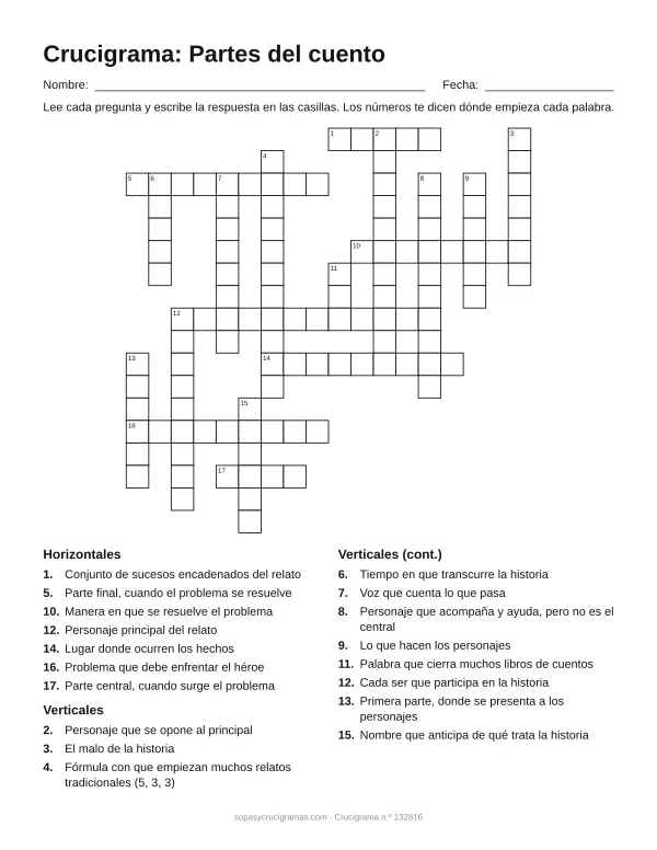 Hoja para imprimir del crucigrama de las partes del cuento: cuadrícula numerada de 18 × 18 con 7 palabras horizontales y 11 verticales, y la lista de pistas.