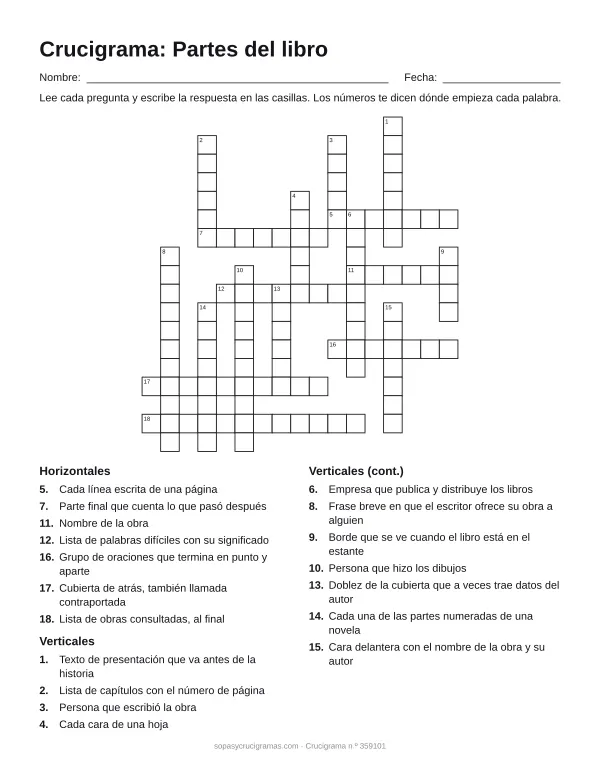 Hoja para imprimir del crucigrama de las partes del libro: cuadrícula numerada de 18 × 17 con 7 palabras horizontales y 11 verticales, y la lista de pistas.