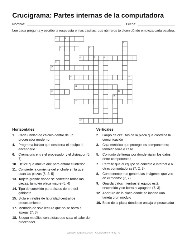 Hoja para imprimir del crucigrama de las partes internas del PC: cuadrícula numerada de 18 × 18 con 10 palabras horizontales y 8 verticales, y la lista de pistas.