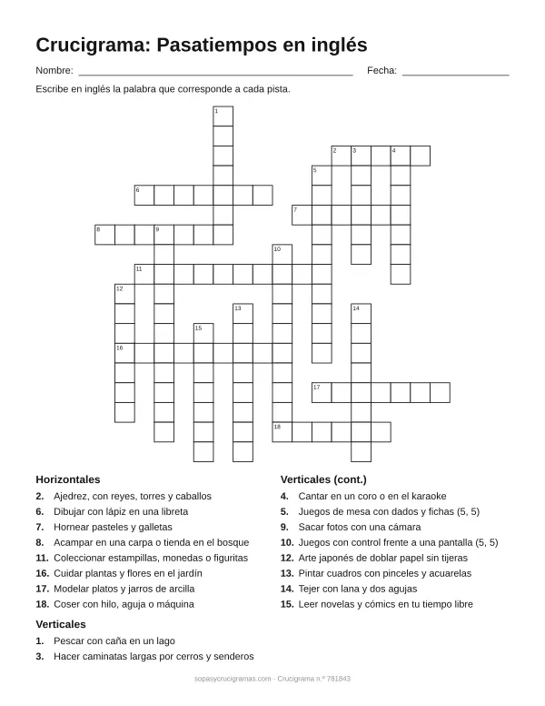 Hoja para imprimir del crucigrama de pasatiempos en inglés: cuadrícula numerada de 18 × 18 con 8 palabras horizontales y 10 verticales, y la lista de pistas.
