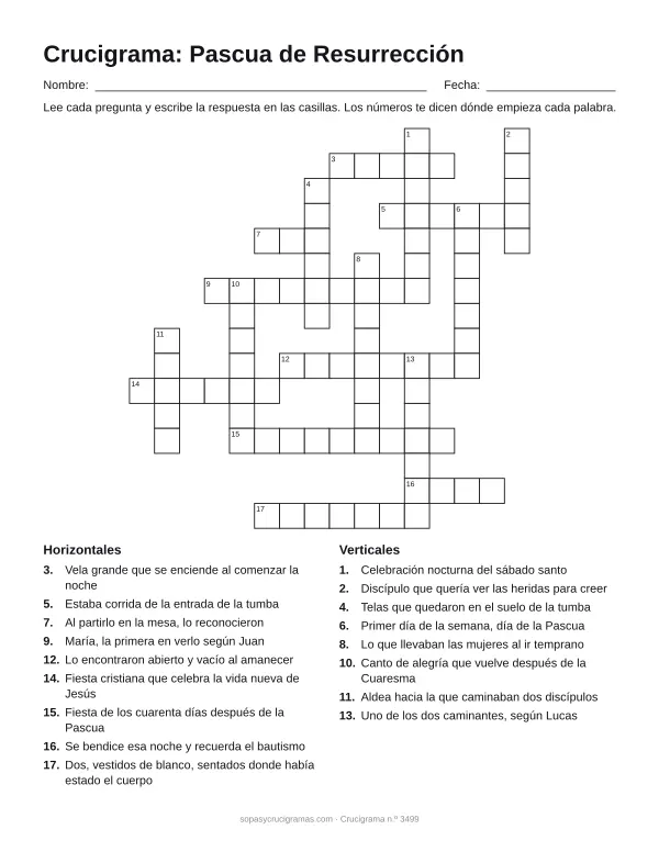 Hoja para imprimir del crucigrama de la Pascua de Resurrección: cuadrícula numerada de 16 × 16 con 9 palabras horizontales y 8 verticales, y la lista de pistas.