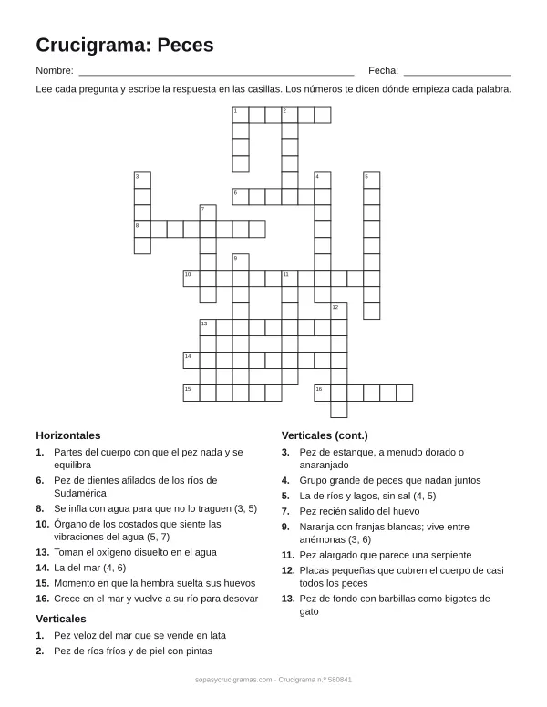 Hoja para imprimir del crucigrama de los peces: cuadrícula numerada de 19 × 17 con 8 palabras horizontales y 10 verticales, y la lista de pistas.
