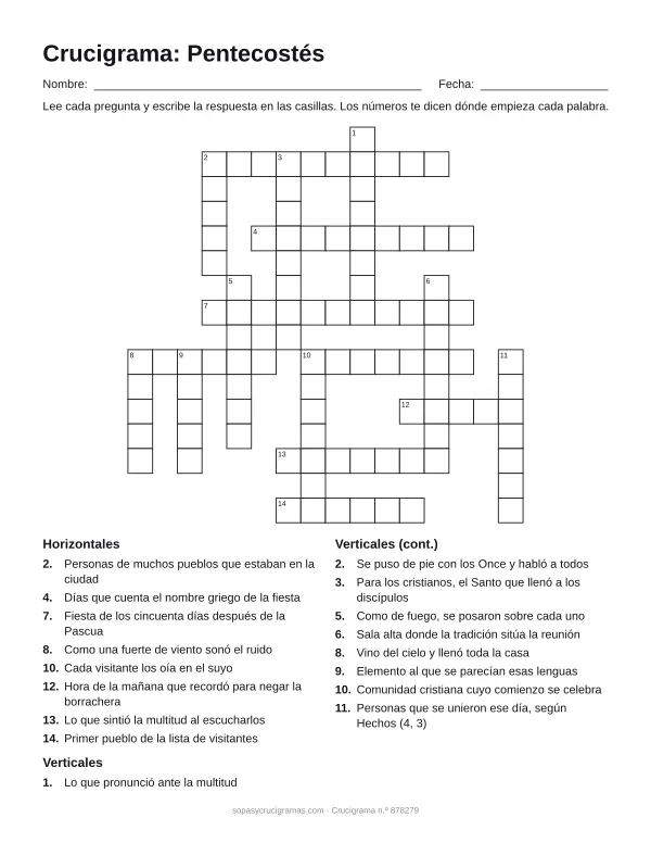 Hoja para imprimir del crucigrama de Pentecostés: cuadrícula numerada de 16 × 16 con 8 palabras horizontales y 9 verticales, y la lista de pistas.