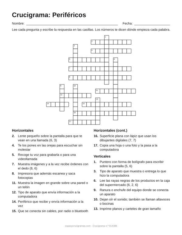 Hoja para imprimir del crucigrama de los periféricos: cuadrícula numerada de 20 × 20 con 11 palabras horizontales y 6 verticales, y la lista de pistas.