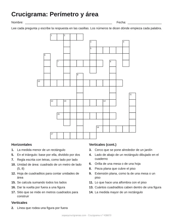 Hoja para imprimir del crucigrama de perímetro y área: cuadrícula numerada de 16 × 15 con 8 palabras horizontales y 9 verticales, y la lista de pistas.