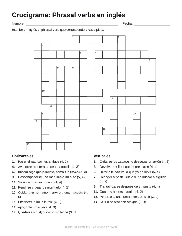 Hoja para imprimir del crucigrama de phrasal verbs en inglés: cuadrícula numerada de 15 × 17 con 10 palabras horizontales y 8 verticales, y la lista de pistas.