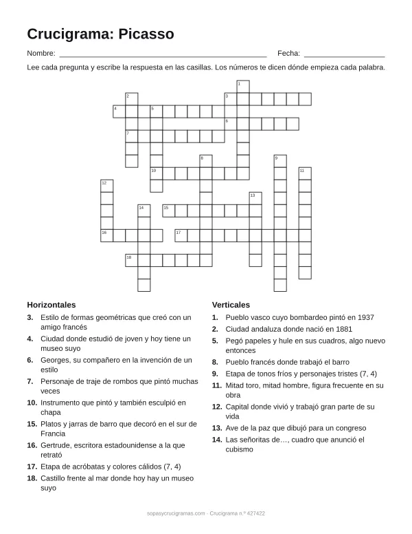 Hoja para imprimir del crucigrama de Picasso: cuadrícula numerada de 17 × 17 con 9 palabras horizontales y 9 verticales, y la lista de pistas.
