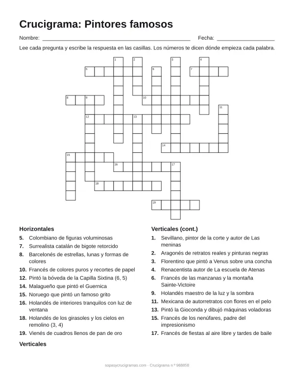 Hoja para imprimir del crucigrama de pintores famosos: cuadrícula numerada de 17 × 17 con 10 palabras horizontales y 10 verticales, y la lista de pistas.
