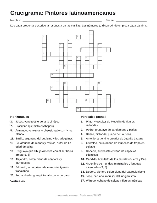 Hoja para imprimir del crucigrama de pintores latinoamericanos: cuadrícula numerada de 19 × 17 con 9 palabras horizontales y 11 verticales, y la lista de pistas.