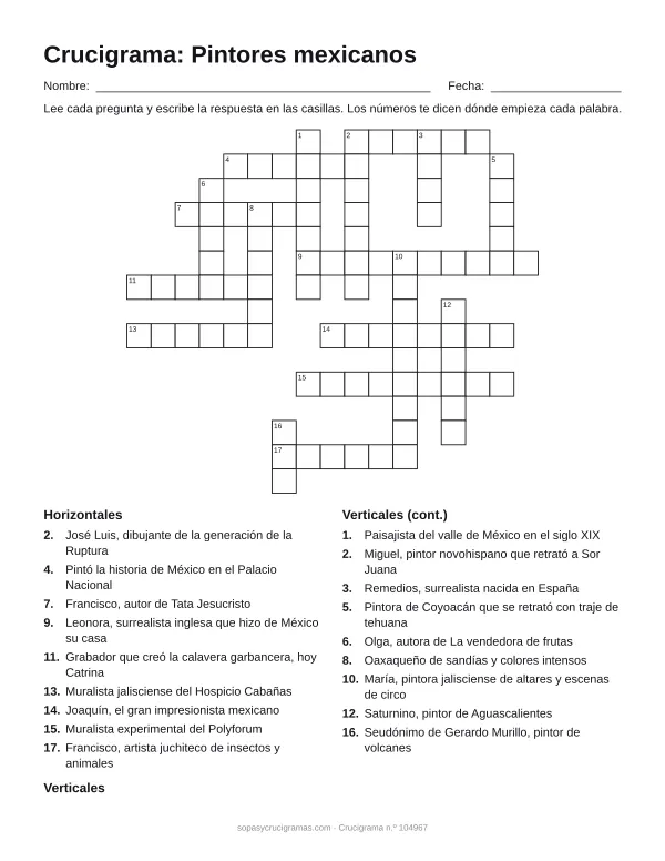 Hoja para imprimir del crucigrama de pintores mexicanos: cuadrícula numerada de 15 × 17 con 9 palabras horizontales y 9 verticales, y la lista de pistas.