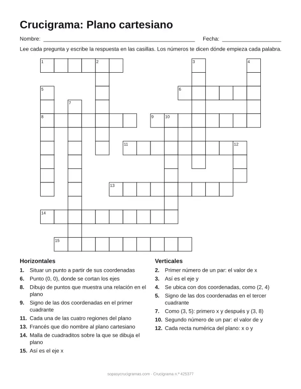 Hoja para imprimir del crucigrama del plano cartesiano: cuadrícula numerada de 14 × 16 con 8 palabras horizontales y 7 verticales, y la lista de pistas.