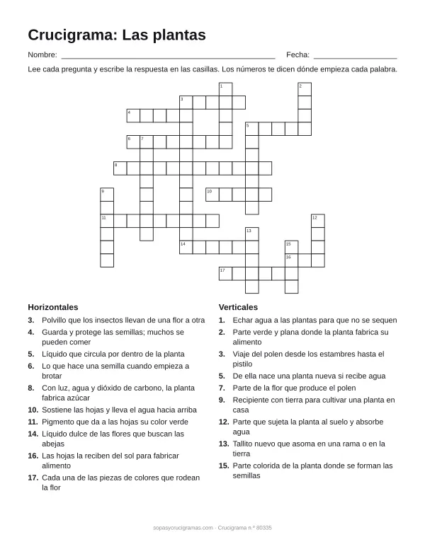 Hoja para imprimir del crucigrama de las plantas: cuadrícula numerada de 16 × 17 con 10 palabras horizontales y 9 verticales, y la lista de pistas.