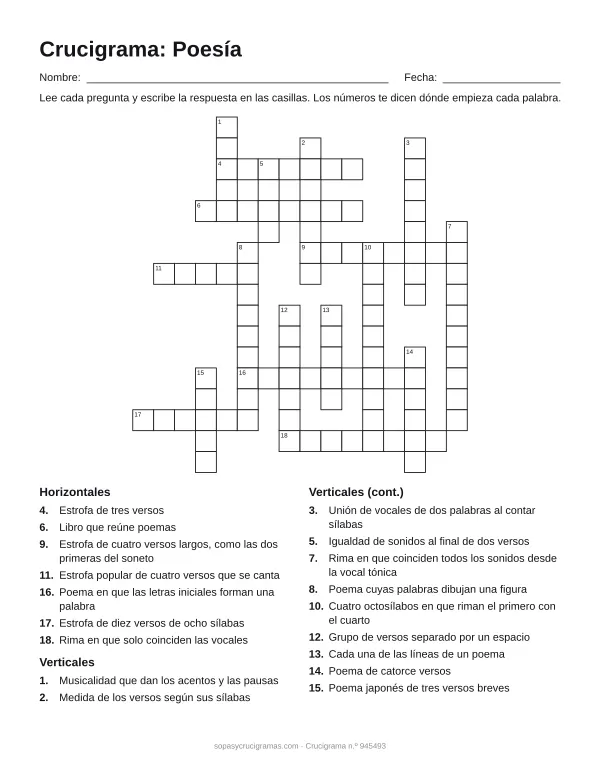 Hoja para imprimir del crucigrama de poesía: cuadrícula numerada de 17 × 16 con 7 palabras horizontales y 11 verticales, y la lista de pistas.