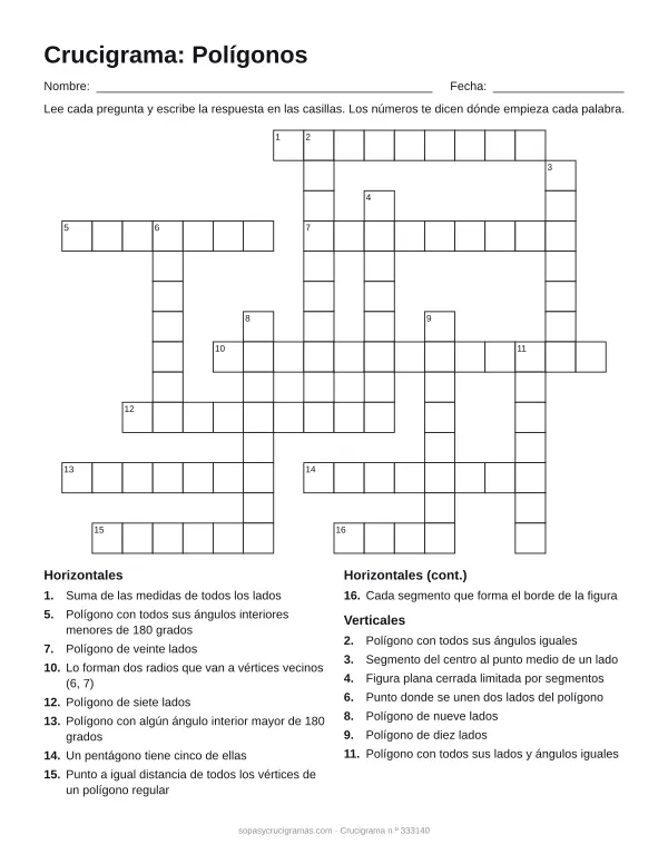Hoja para imprimir del crucigrama de polígonos: cuadrícula numerada de 14 × 18 con 9 palabras horizontales y 7 verticales, y la lista de pistas.