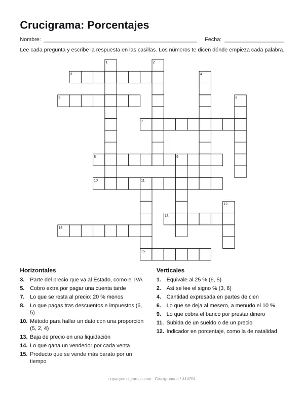Hoja para imprimir del crucigrama de porcentajes: cuadrícula numerada de 17 × 16 con 8 palabras horizontales y 7 verticales, y la lista de pistas.
